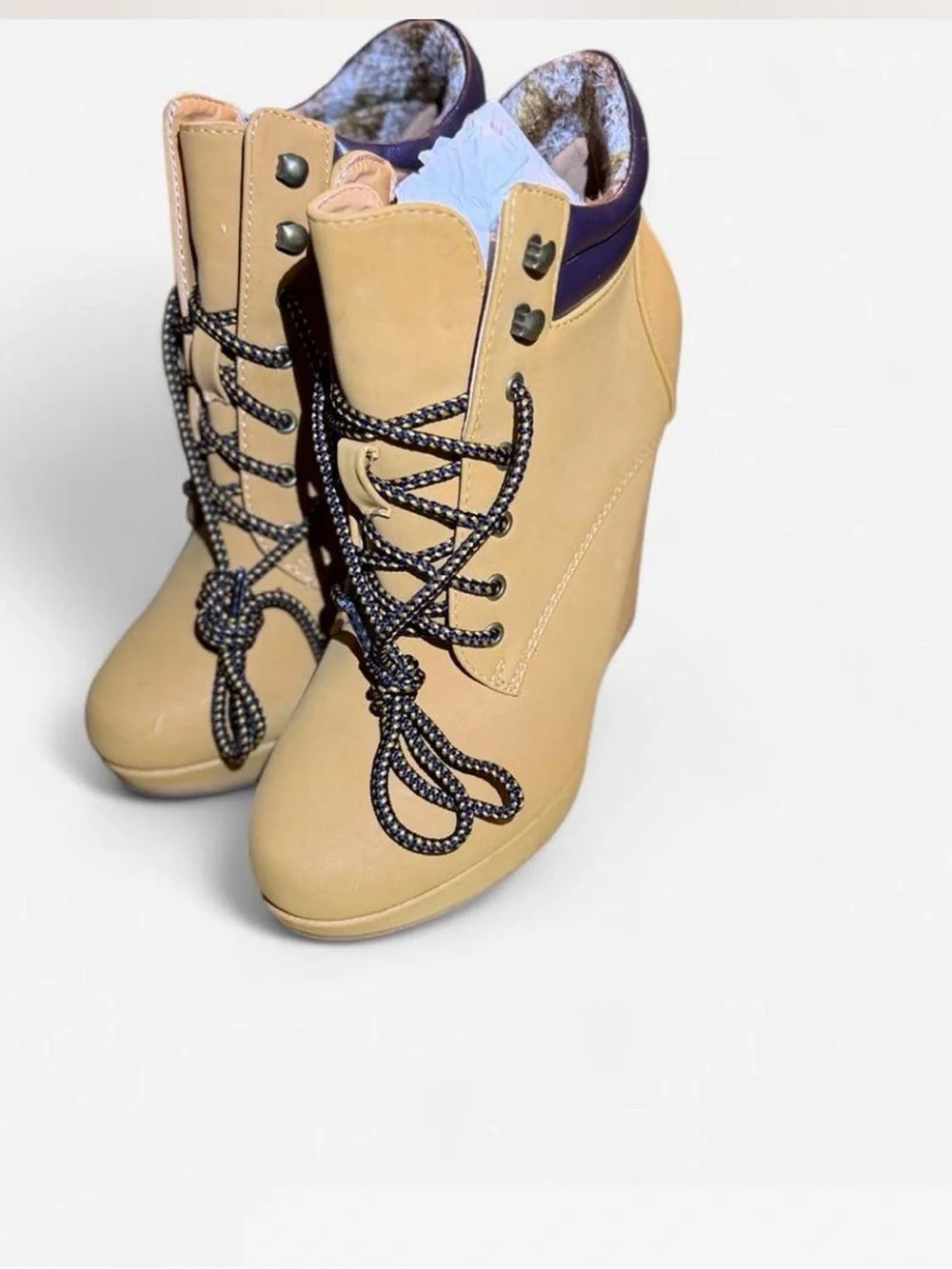 Women’s Tan Wedge Ankle Boot with Navy Collar